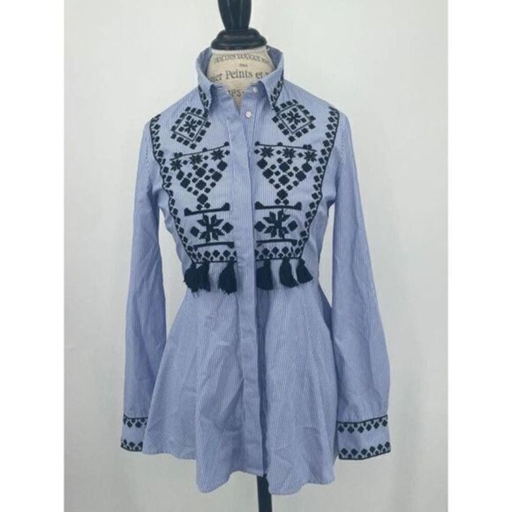 ZARA Boho Blue Embroidered Detail Flared Hem Blouse XSMALL